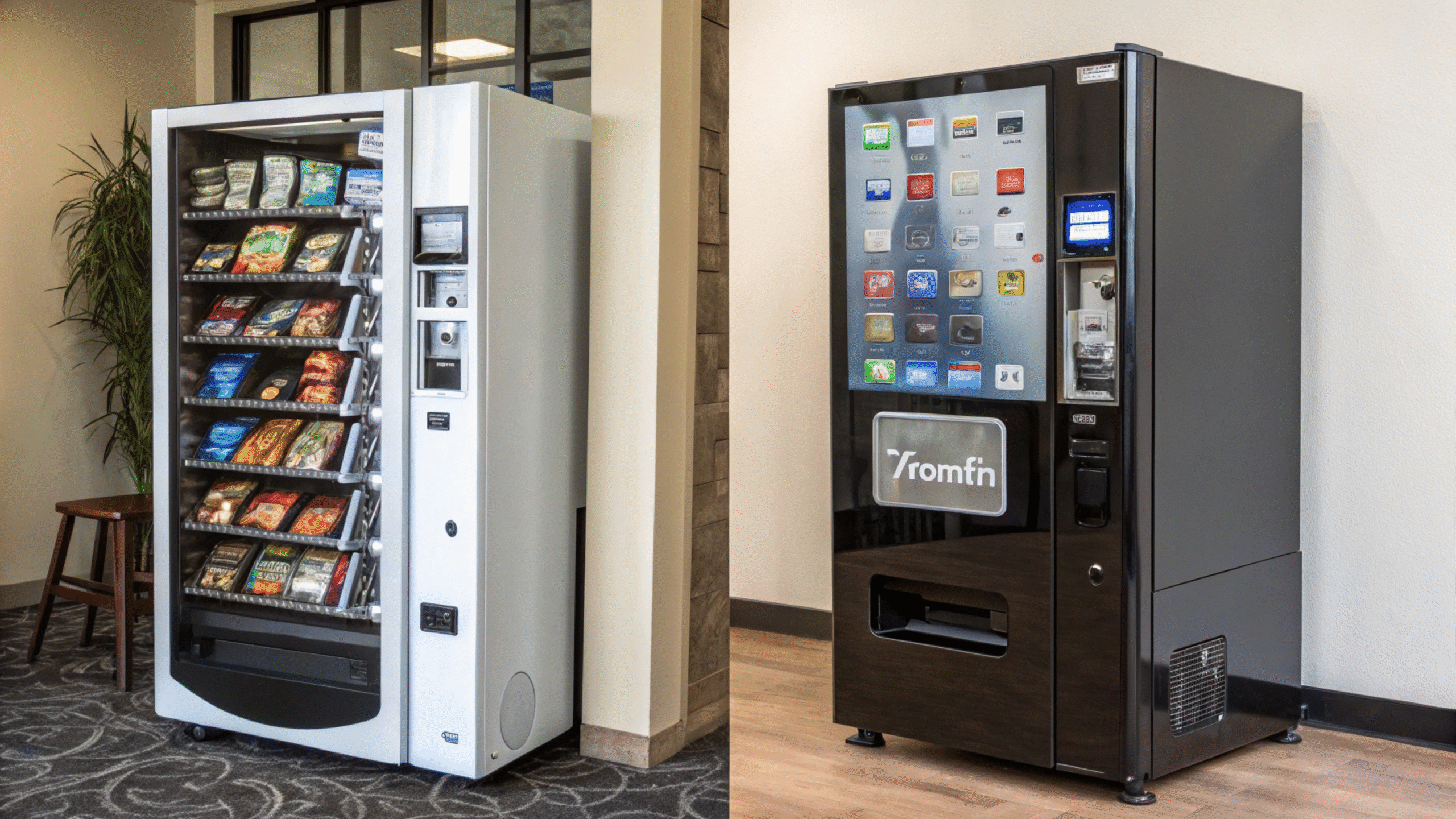 A modern vending machine next to an older model, showing evolution