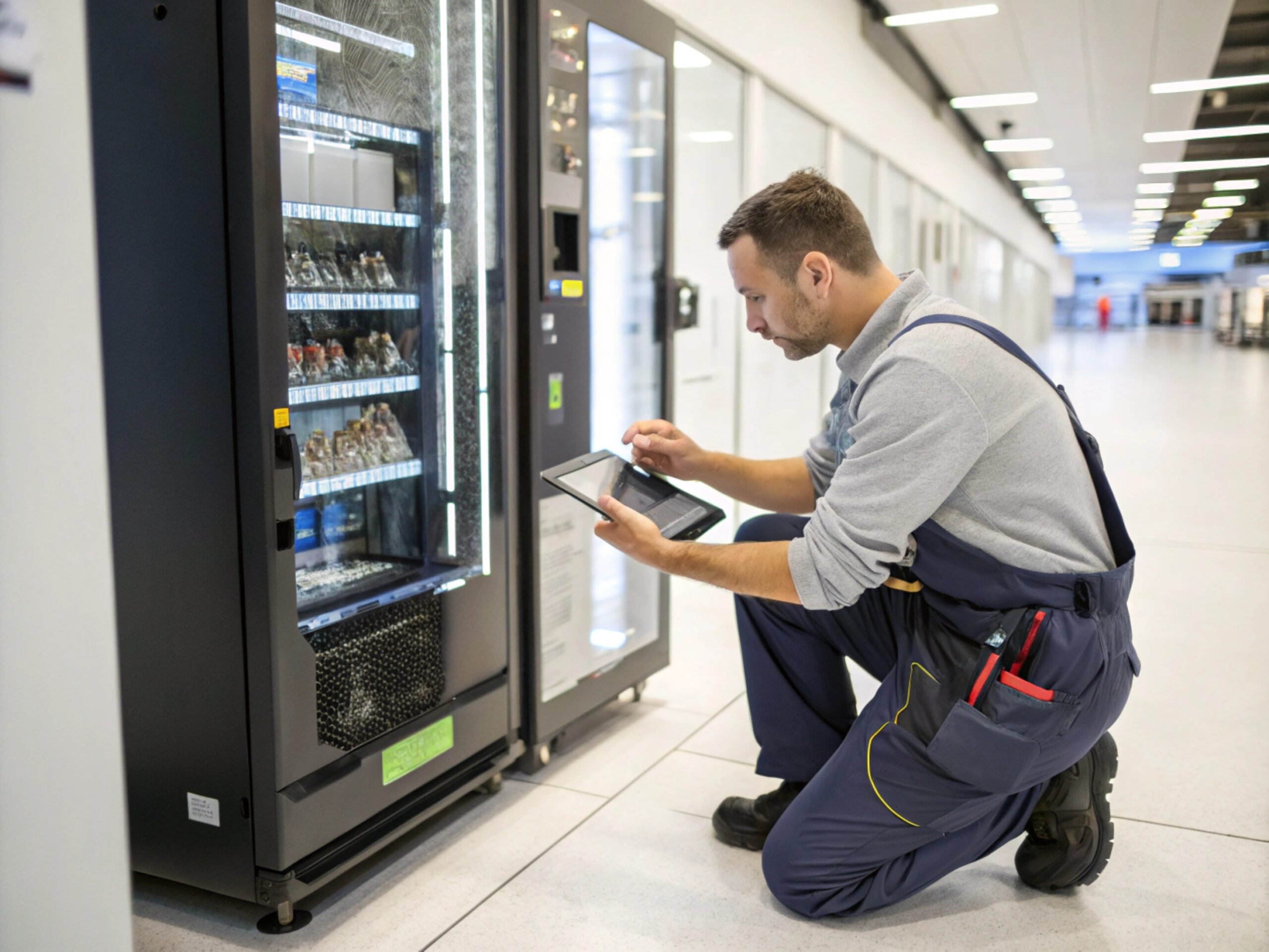 A technician performing maintenance on a vending machine