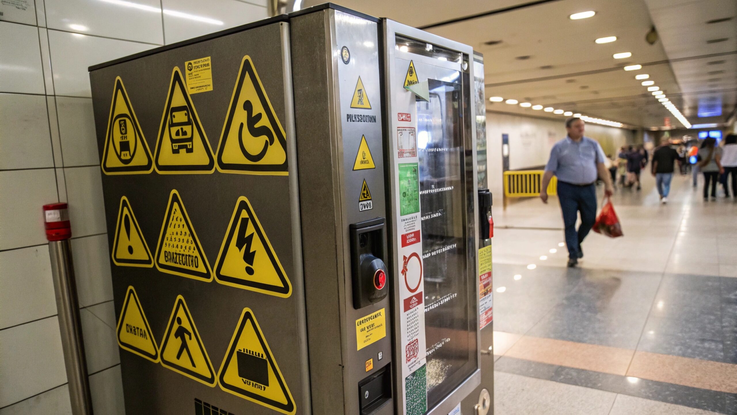 A vending machine with warning symbols