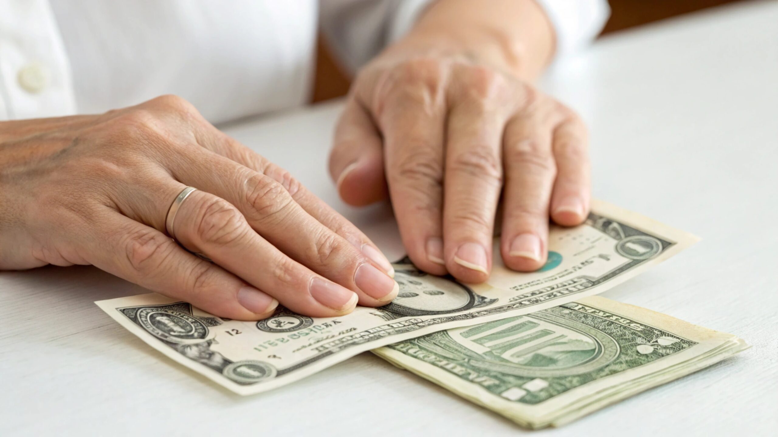A hand smoothing out a wrinkled dollar bill