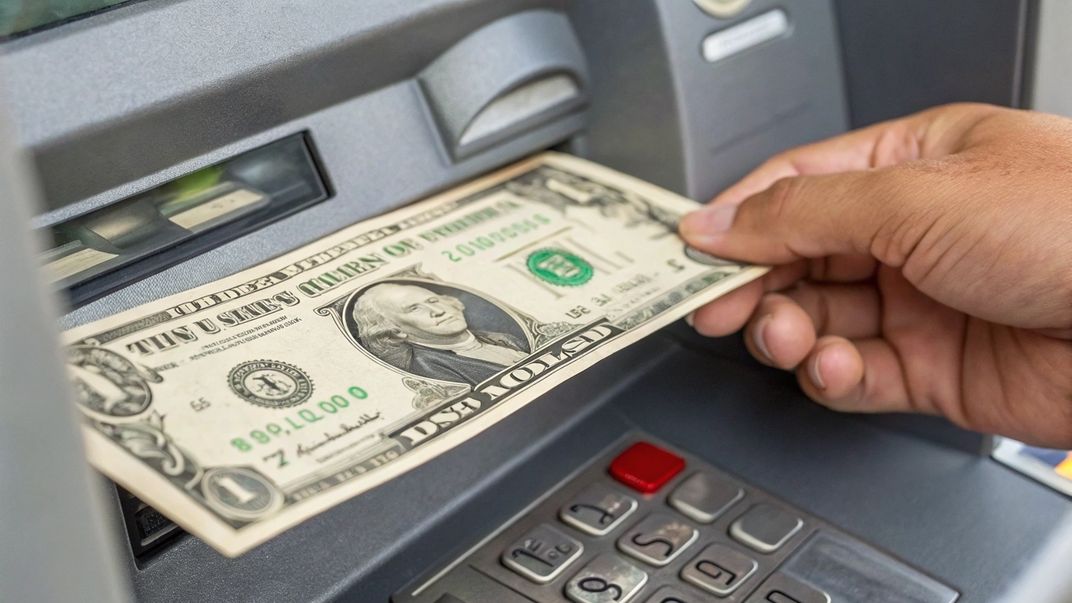A credit card being used to insert a dollar bill