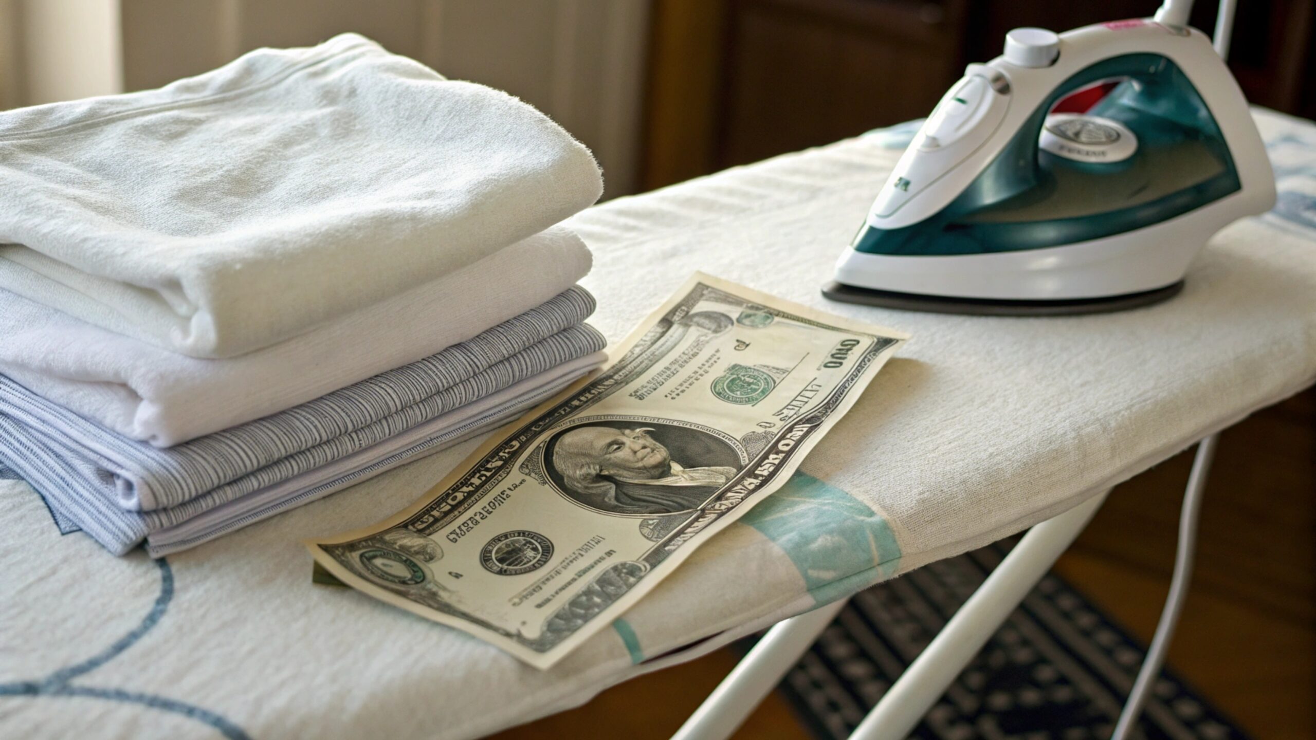 An iron pressing a dollar bill between cloths