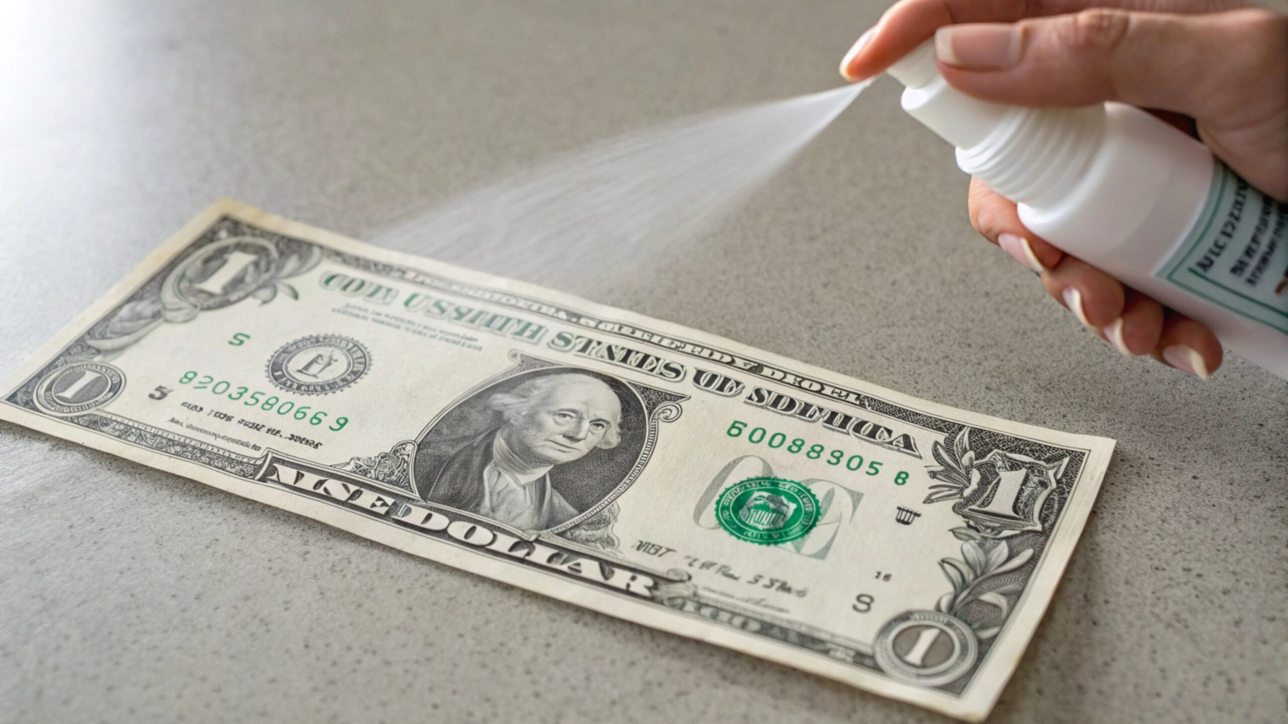 A spray bottle misting a dollar bill