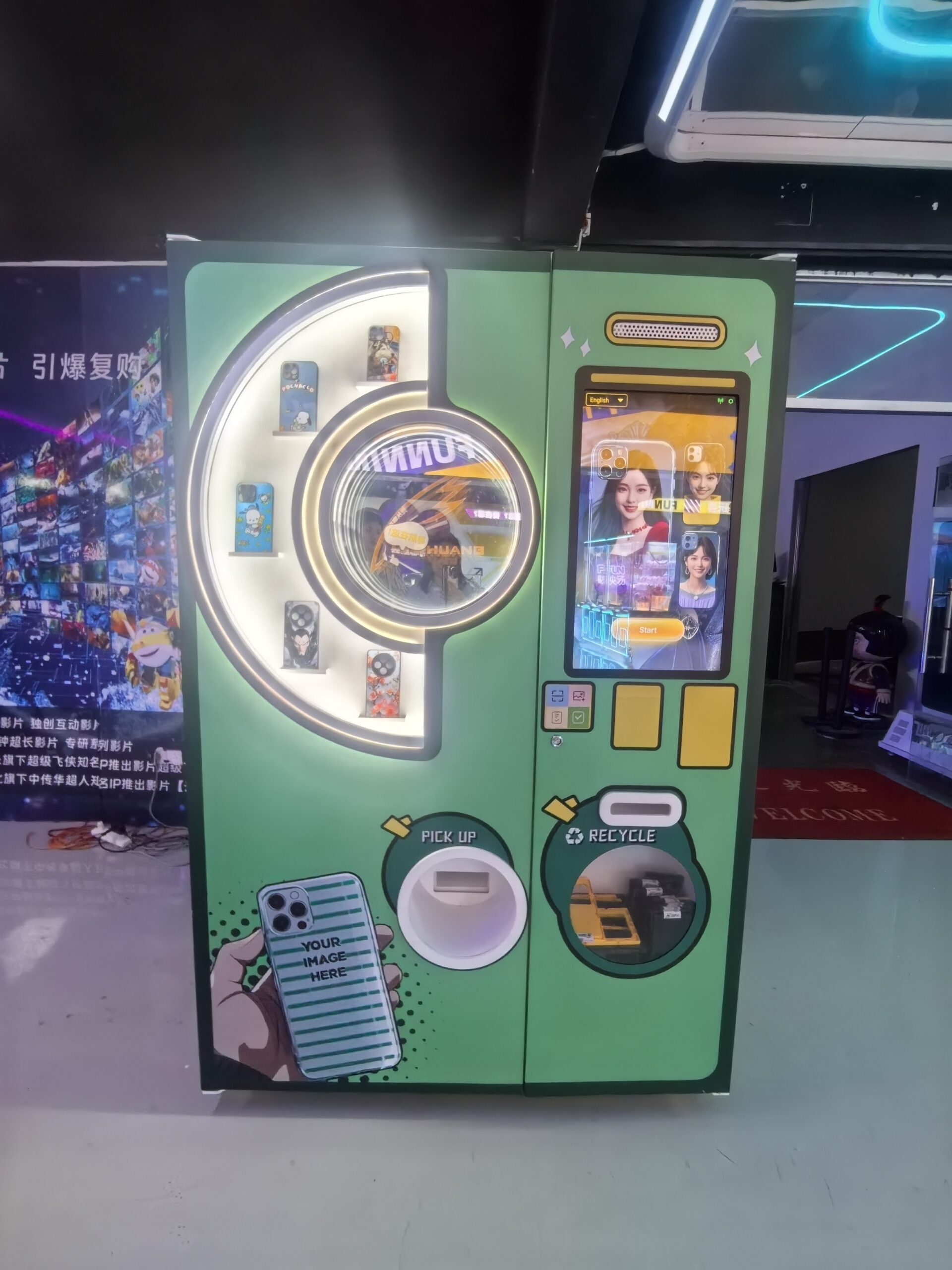 A secure, modern PrintYOLO vending machine in a well-lit shopping mall.