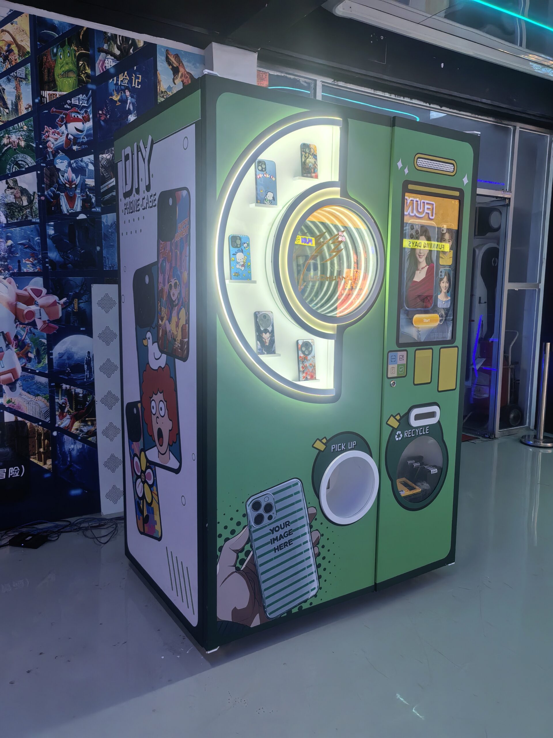 Phone case printing vending machine with power consumption meter