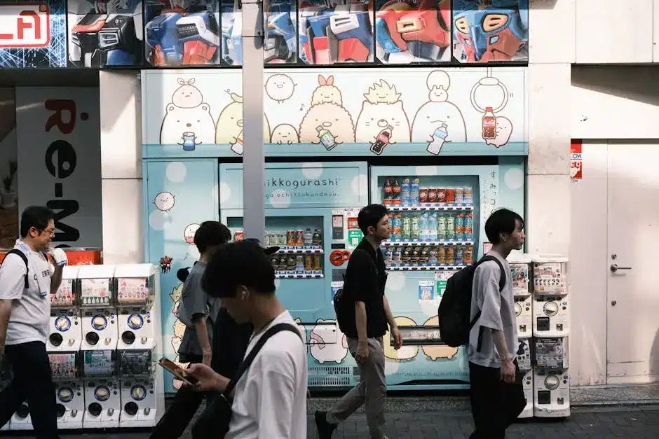 Busy people using vending machines in a shopping mall